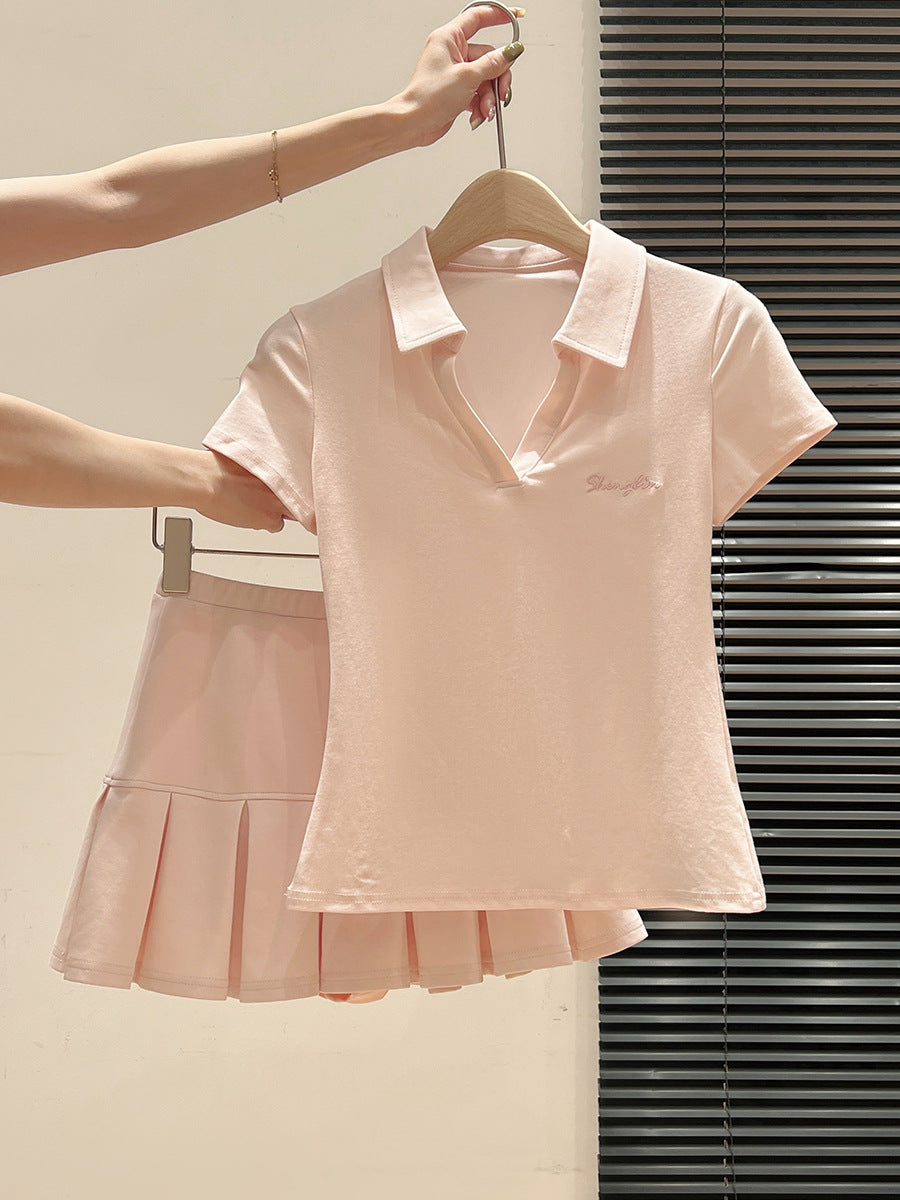 Pink polo collar short-sleeve slim-fit T-shirt for women pleated half-length skirt