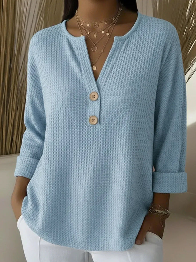 V-neck Waffle Knit Women's Sweater Solid Color Casual Long Sleeve Top Pullover