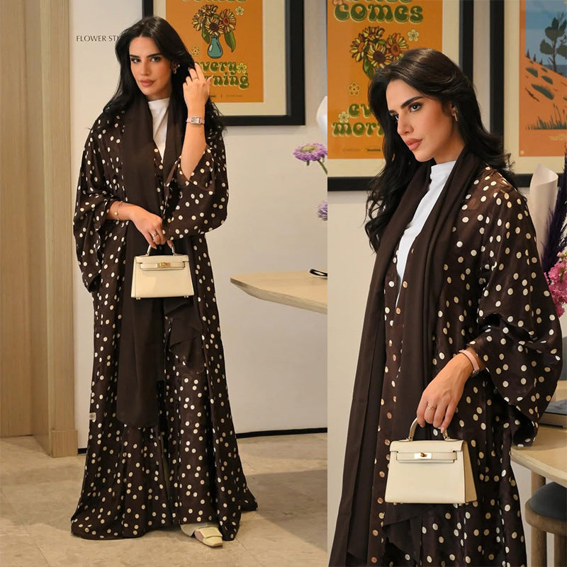 Long Coat with Polka Dot Print Open Front Dress with Scarf Plus Size