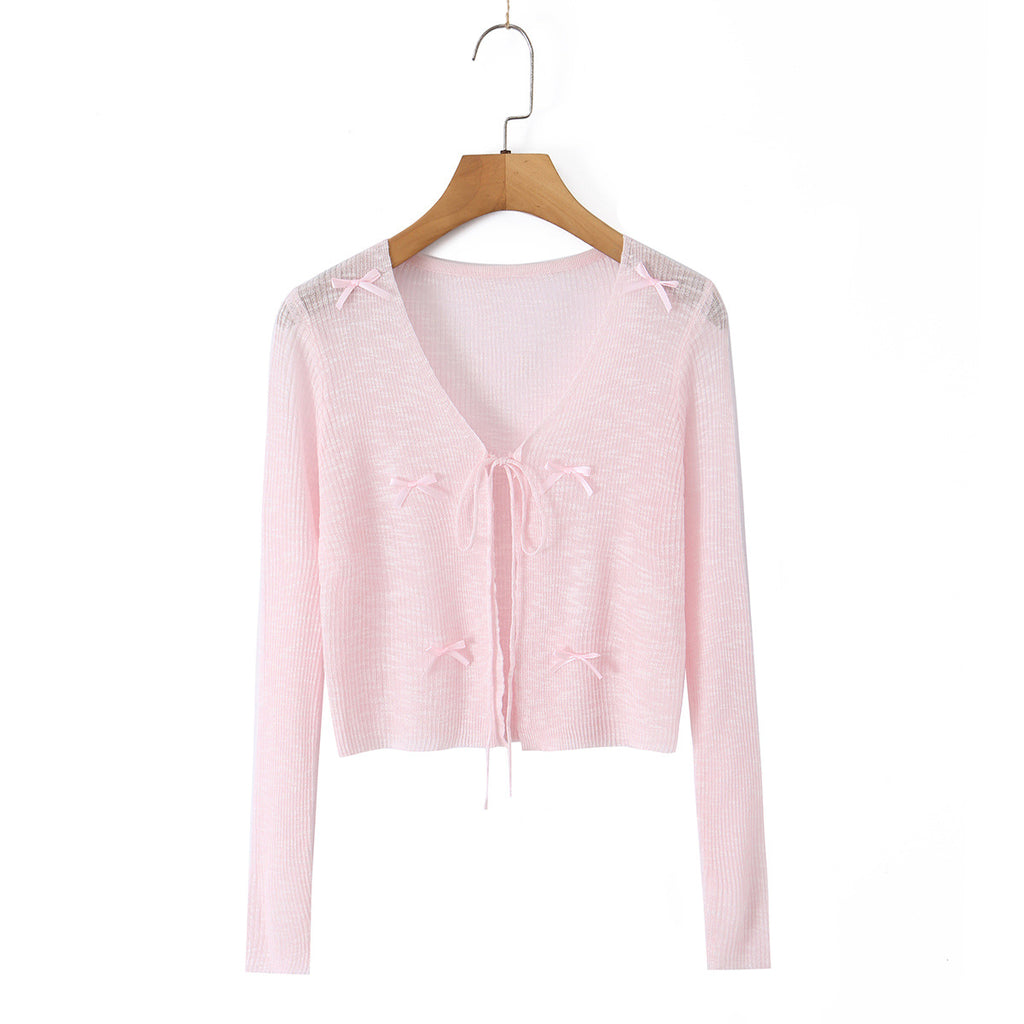Hollow Sweet Bow Tie Soft Gentle Lightweight Top Outerwear Women