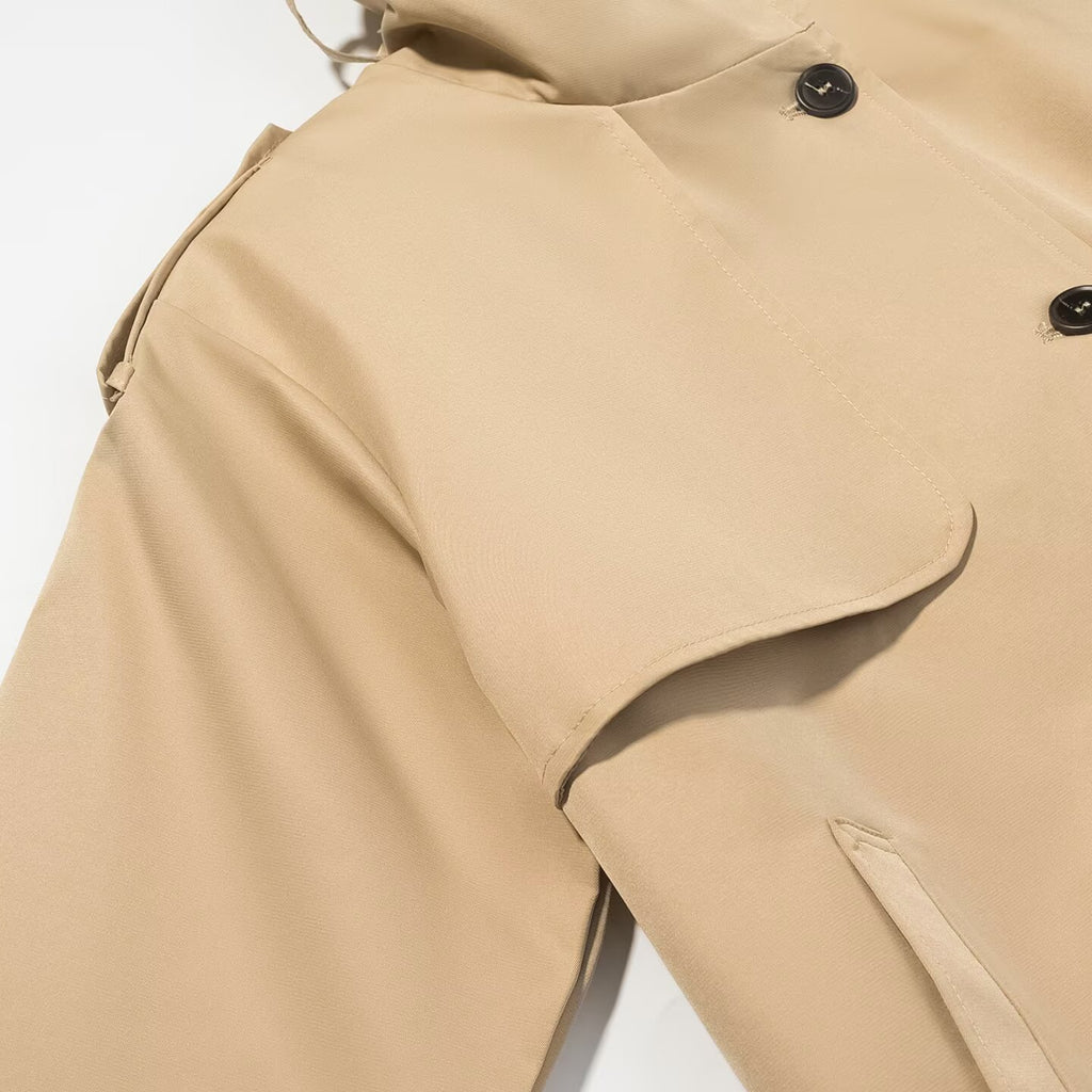 Commuter style contrasting color cuffs mid length trench coat jacket