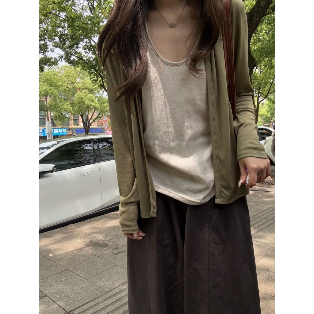 Loose Tencel Cardigan for Women, Loose V-Neck Long Sleeve Top