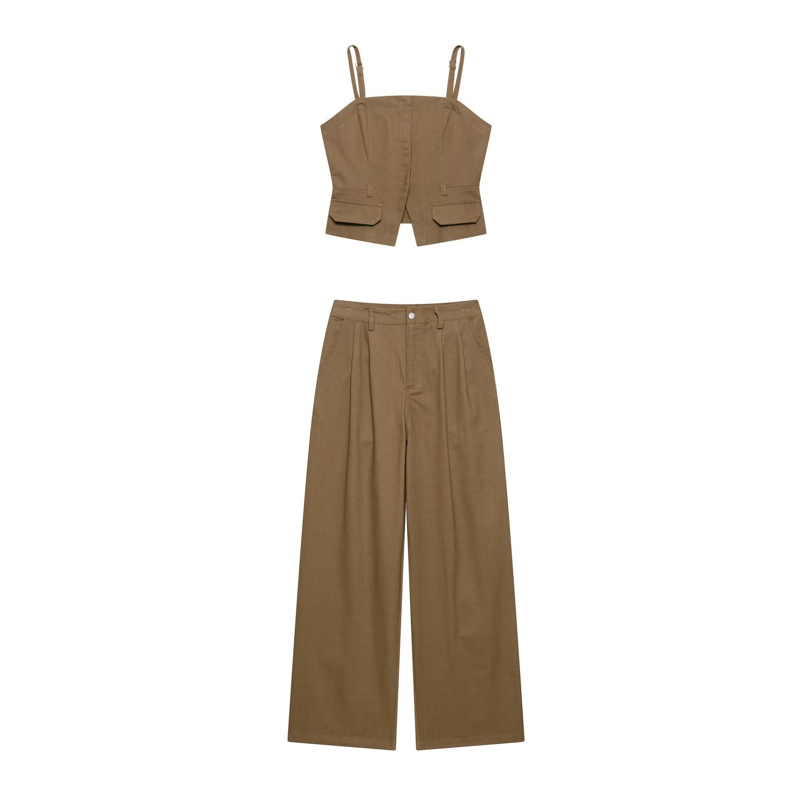 Cowboy camisole top+mid waist denim wide leg pleated pants set