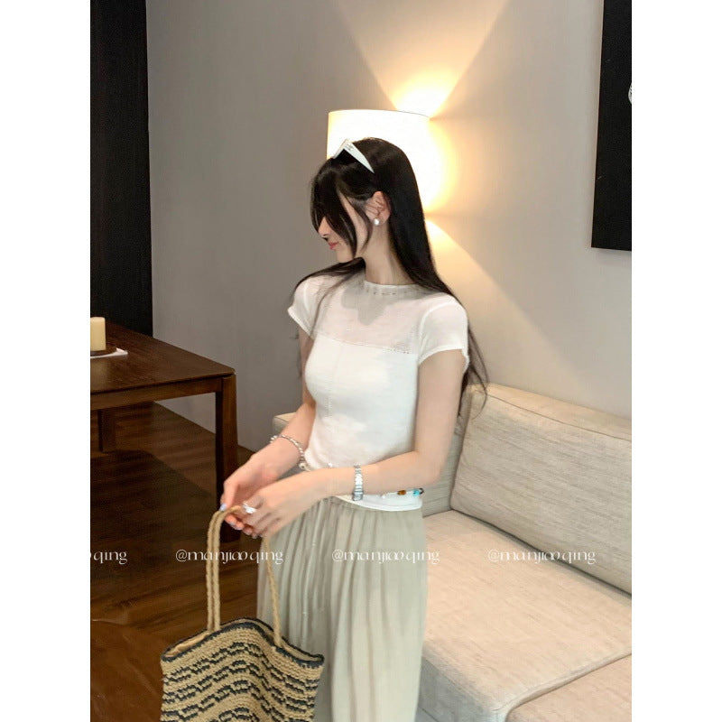 Yellow patchwork regular shoulder short-sleeved wool knitted shirt