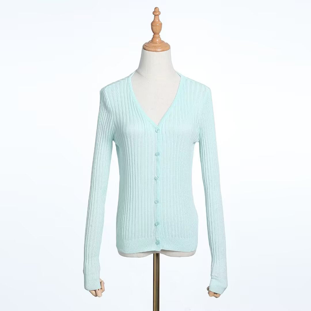 Slim Fit V-Neck Knit Cardigan for Women Soft Feel Outerwear Sun Protection Jacket Top