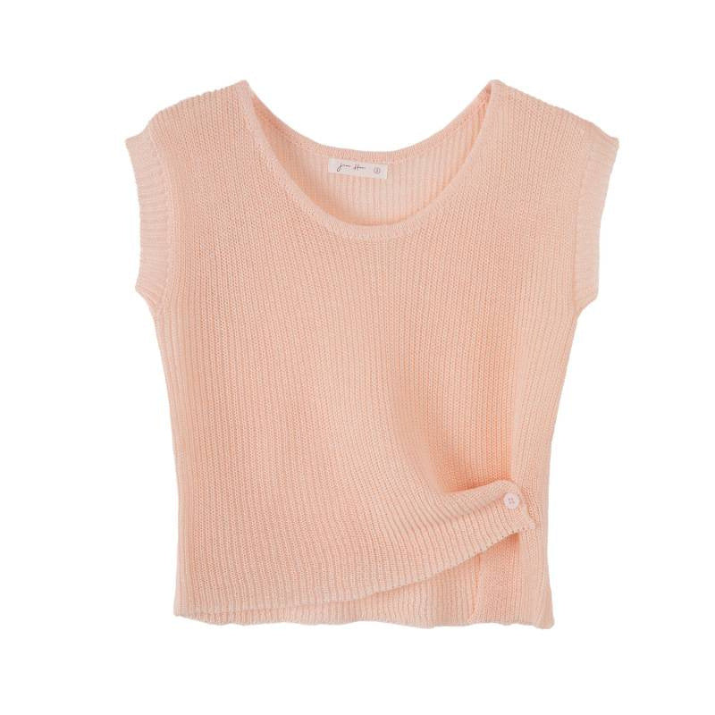 Thai Style Sleeveless Knit Cardigan Vest Buttoned Waist-Cinched Short Top