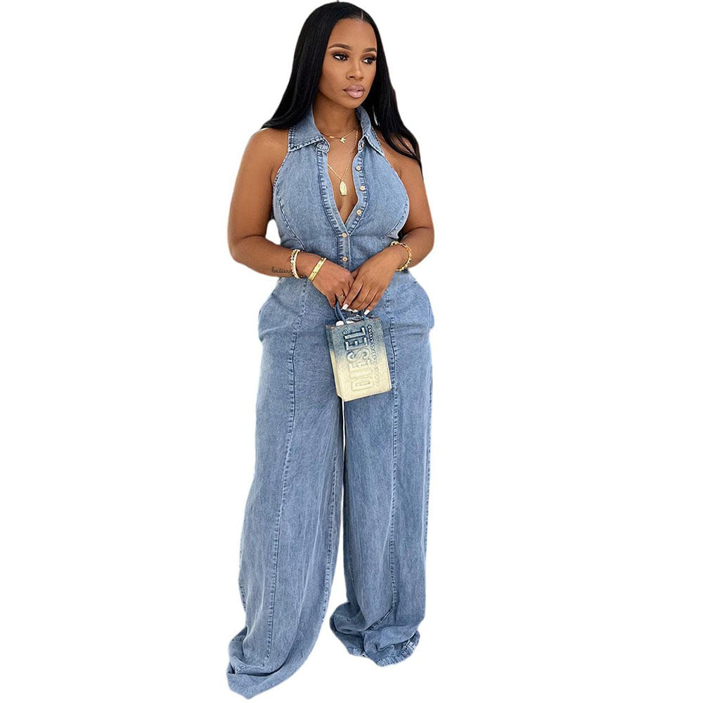 Women's Western Style Denim Jumpsuit with Turn-Down Collar, Halter Neckline, Single Button Closure, Autumn Winter Fashion Jumpsuit