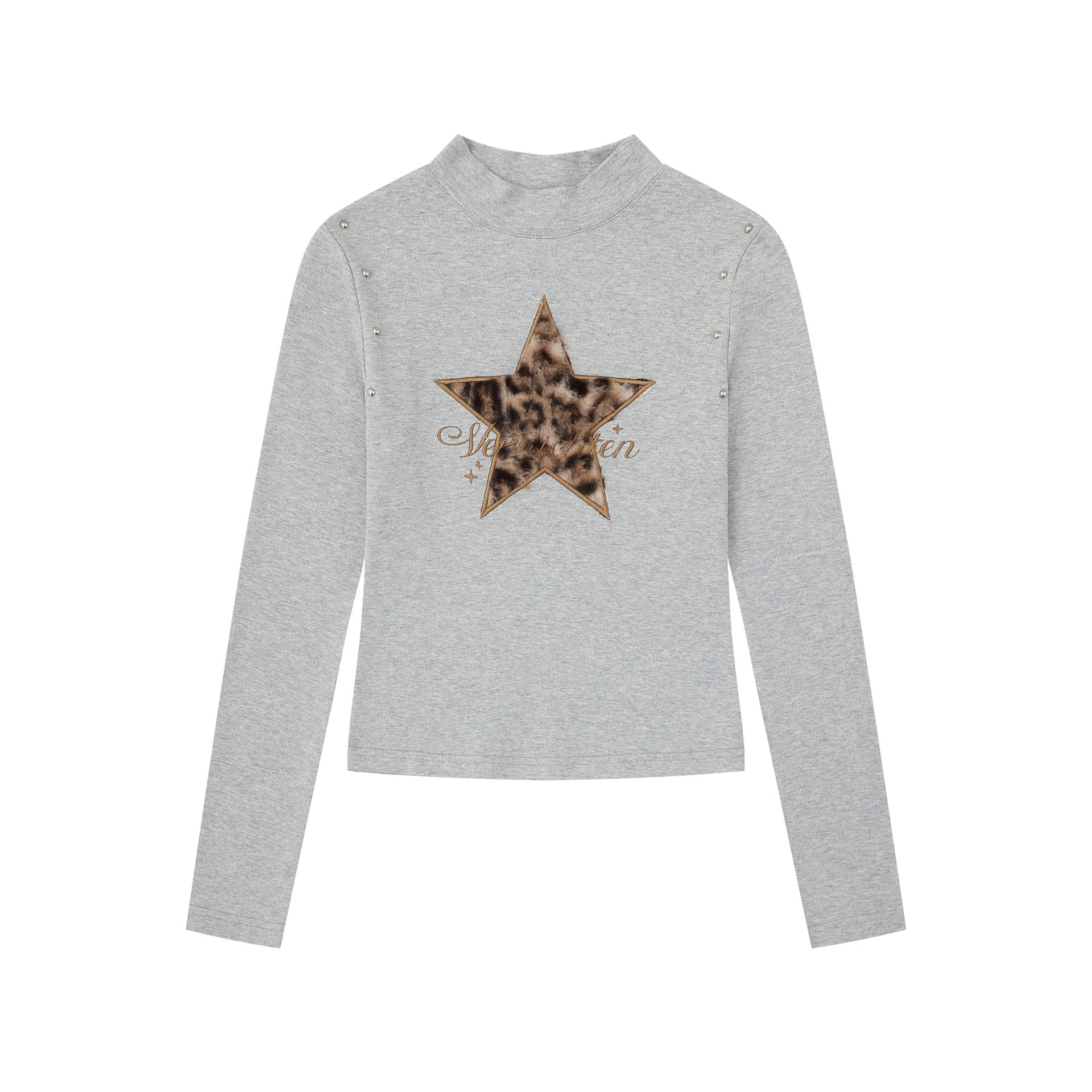 Heavywork Leopard Star Applique T-Shirt High Neck Stud Sweet Spicy Style Versatile Long Sleeve