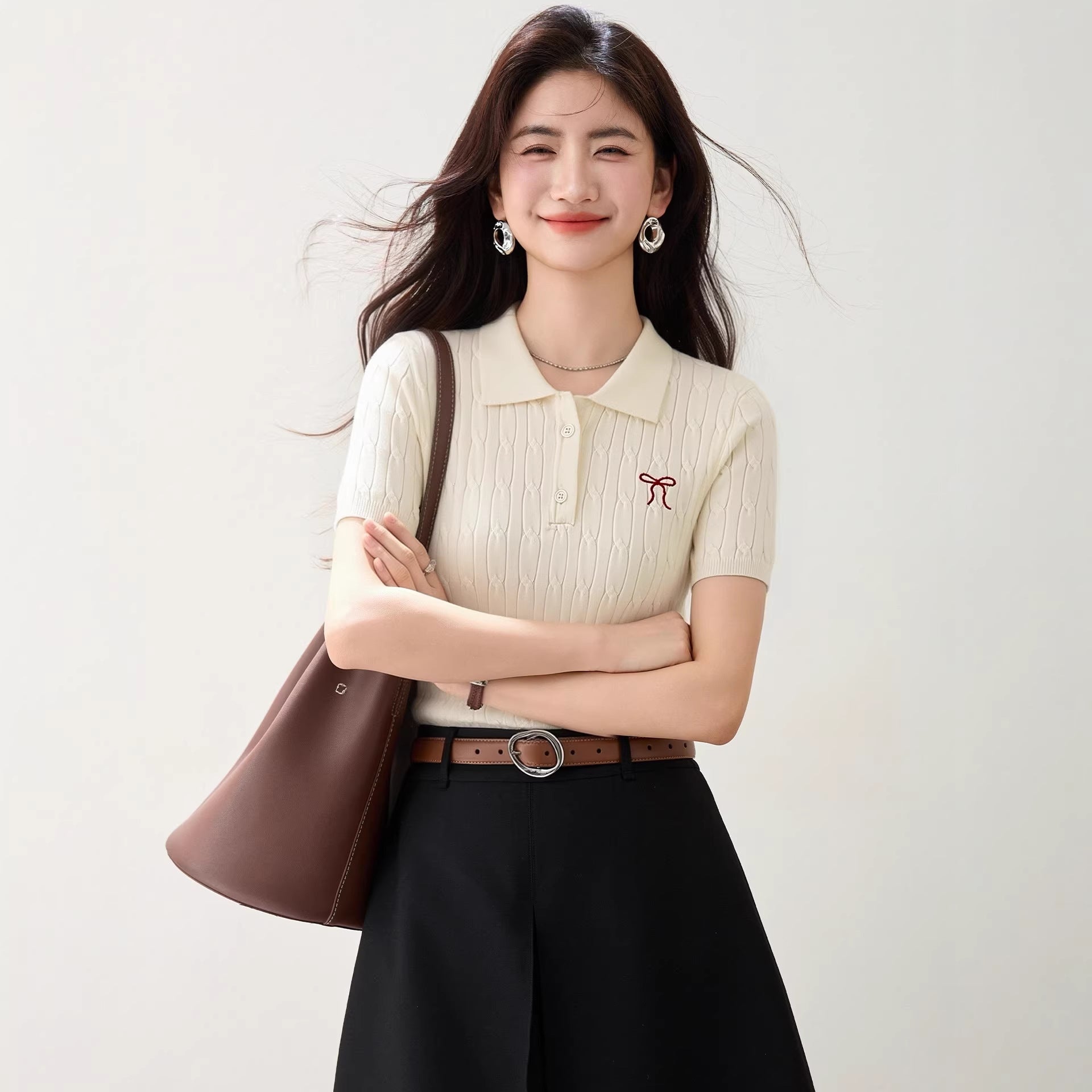 Polo Collar Knitted Short Sleeve Women's Summer Butterfly Knot Embroidery Design T-Shirt Top