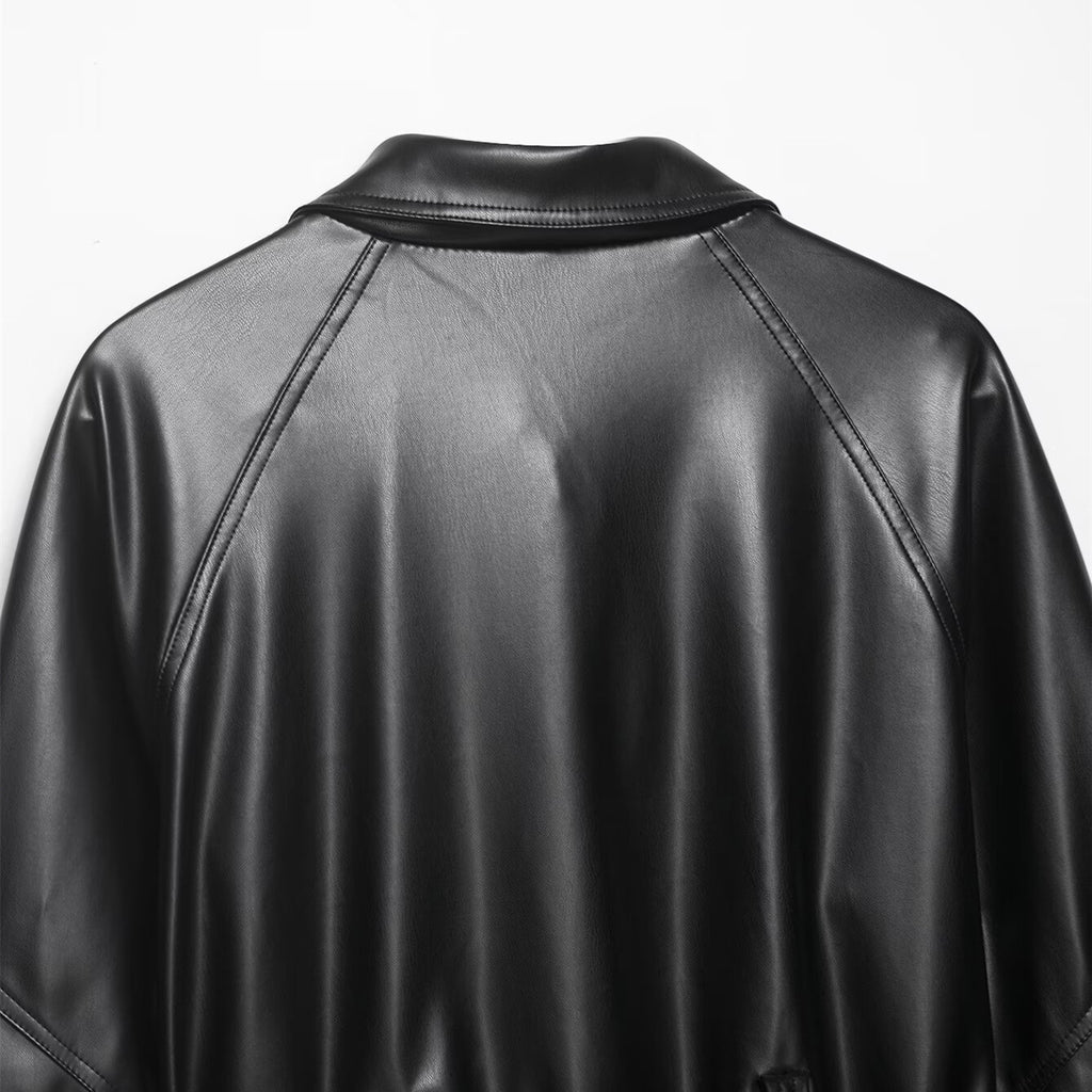 Belt short PU leather stand up collar jacket top