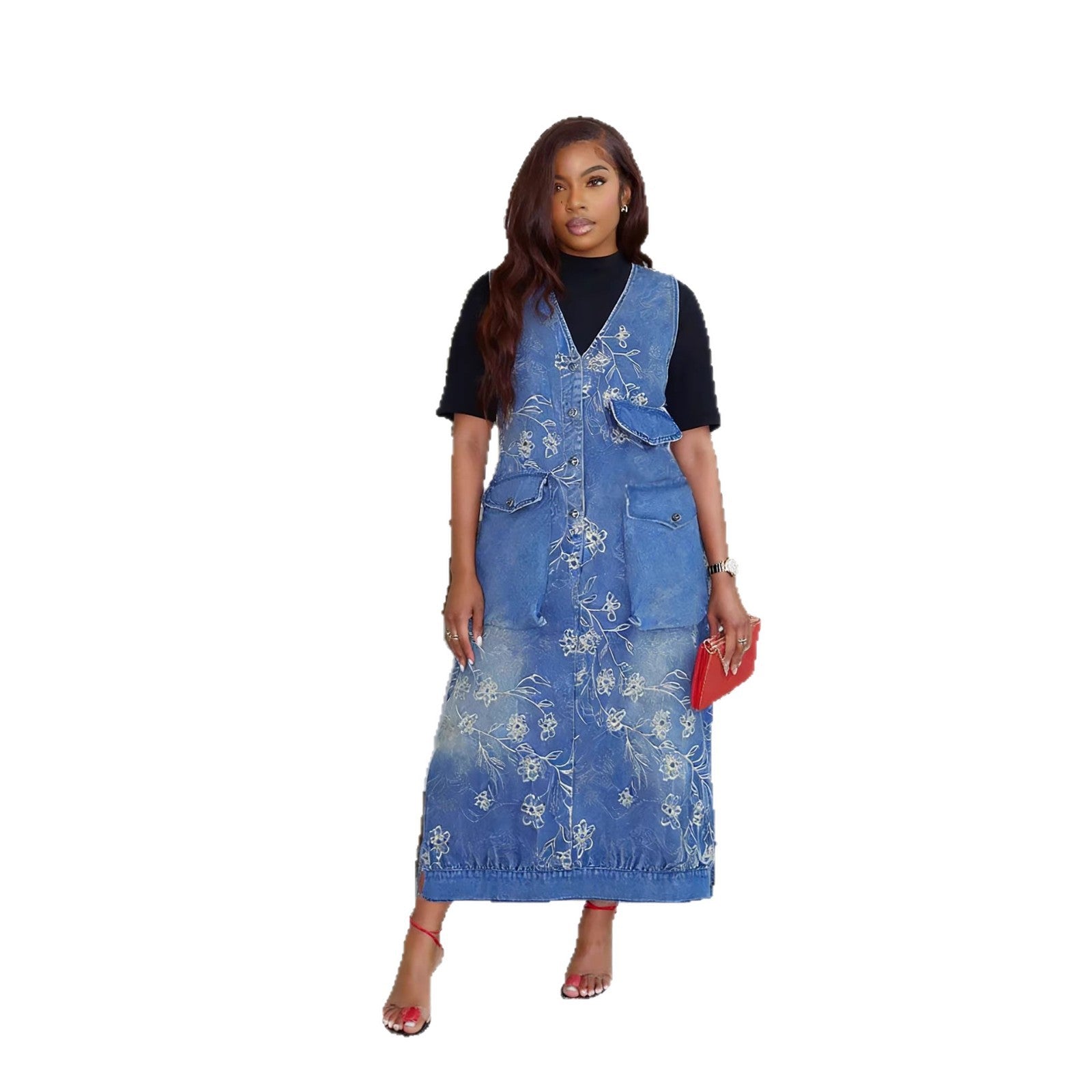 Site New Embroidered Jacquard Side Practical Pocket Denim