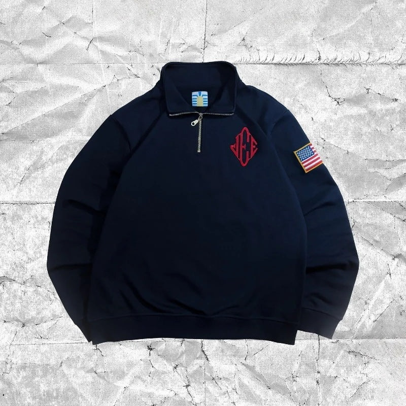Vintage Retro Hooded Polo Neck Sweatshirt with Embroidery Pattern Casual Streetwear Loose Fit Men's Top