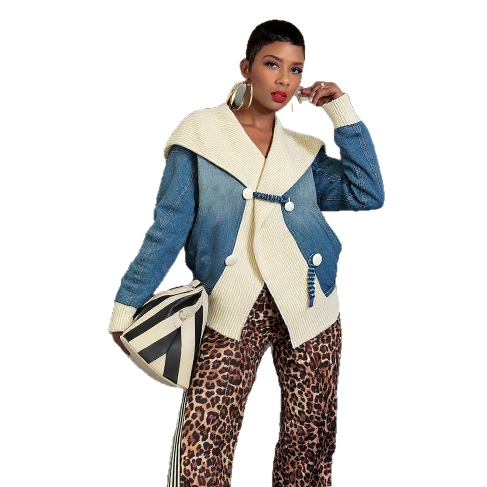 Knitted Patchwork Wide Turn-Down Collar Denim Jacket