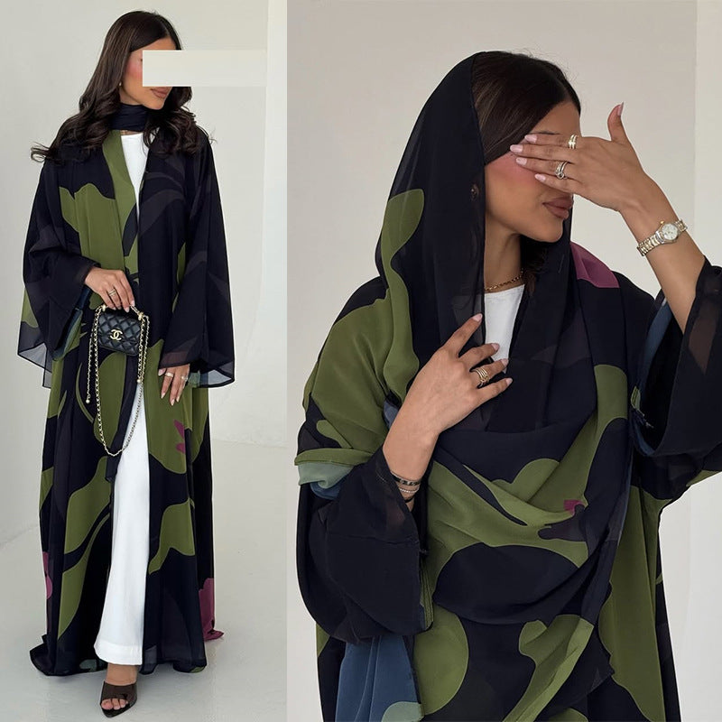 Chiffon Printed Maxi Dress with Headscarf Two-Piece Set