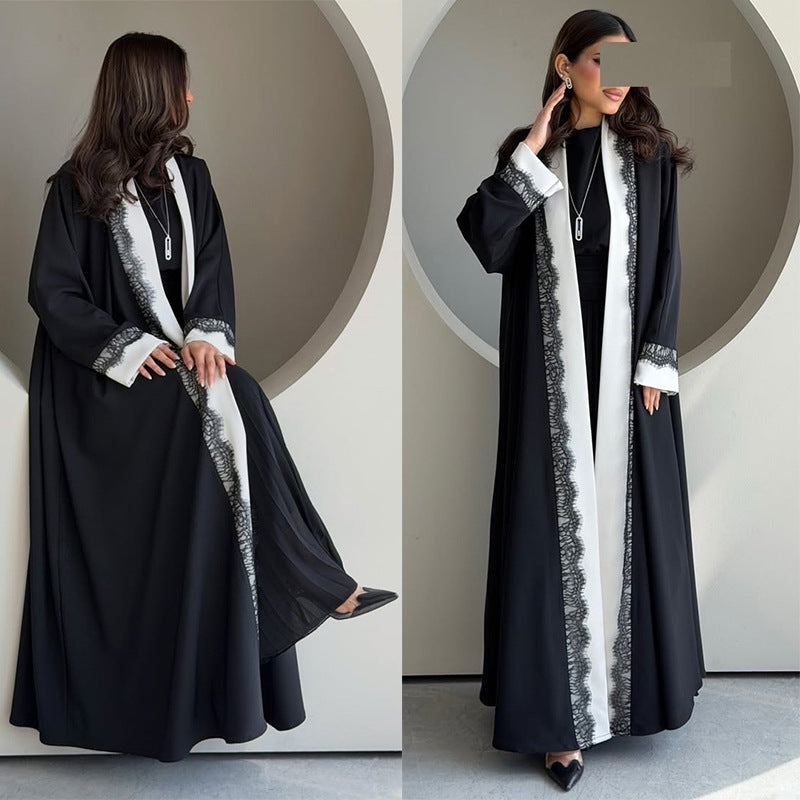 Long Dress with Lace Trim and Black  White Panel Design, Elegant Outerwear for Women