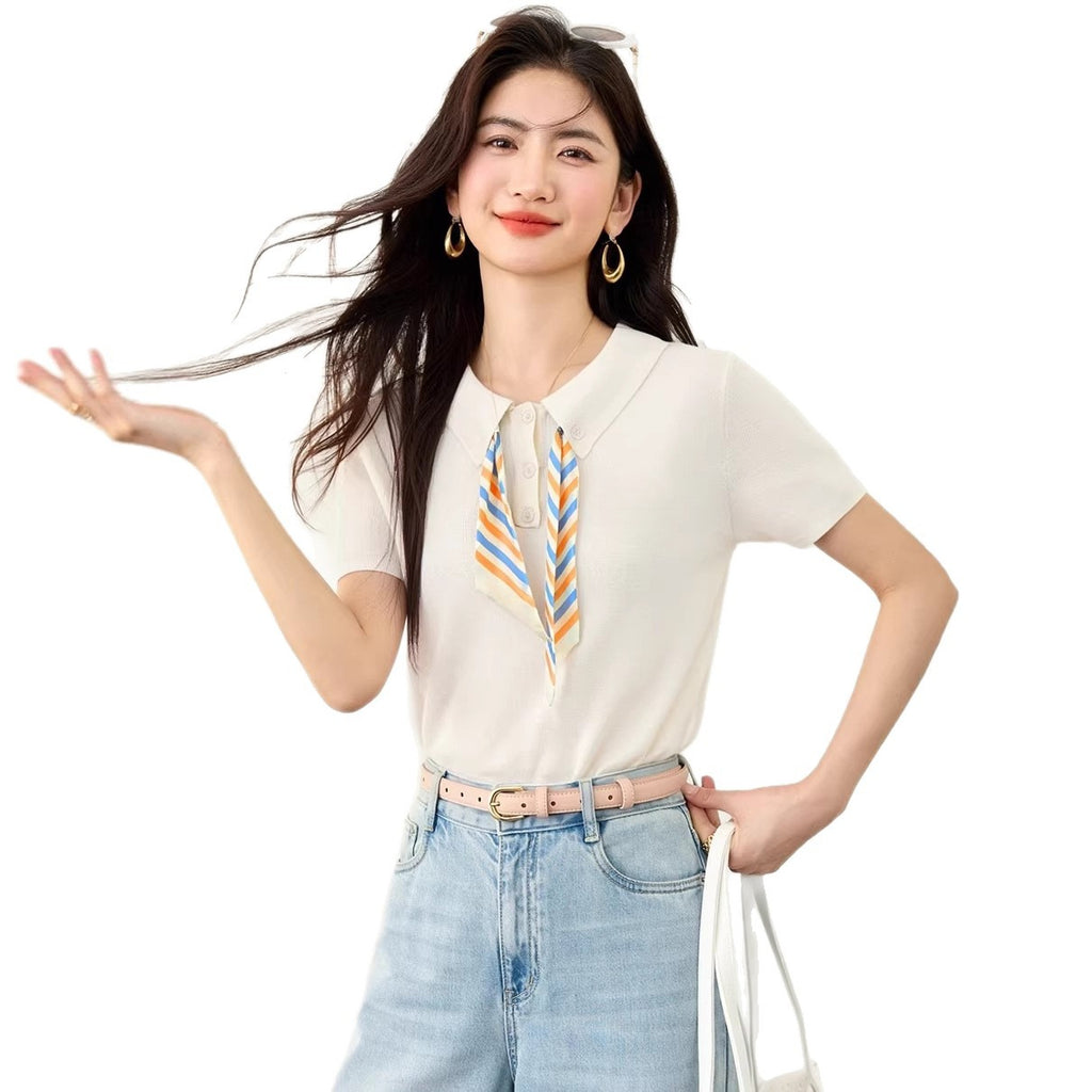 Chic Knit Sleeveless Polo Neck T-Shirt with Scarf for Women, Summer Casual Loose Fit Top, Small Chic Style