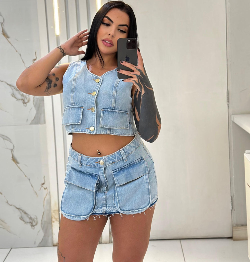 Women's Denim Dress Set, Short Sleeveless Vest with Raw Hem Pockets and Mini Skirt