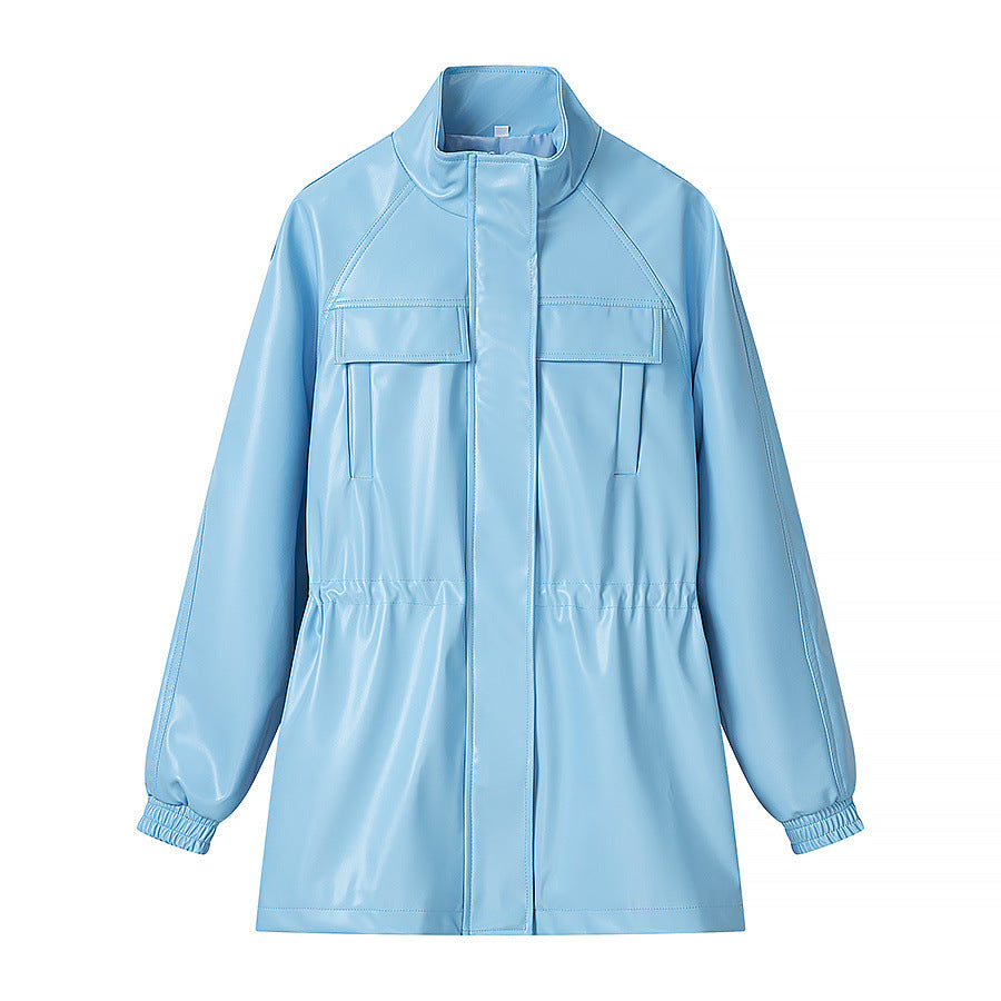Stand collar drawstring waist cinching leather jacket