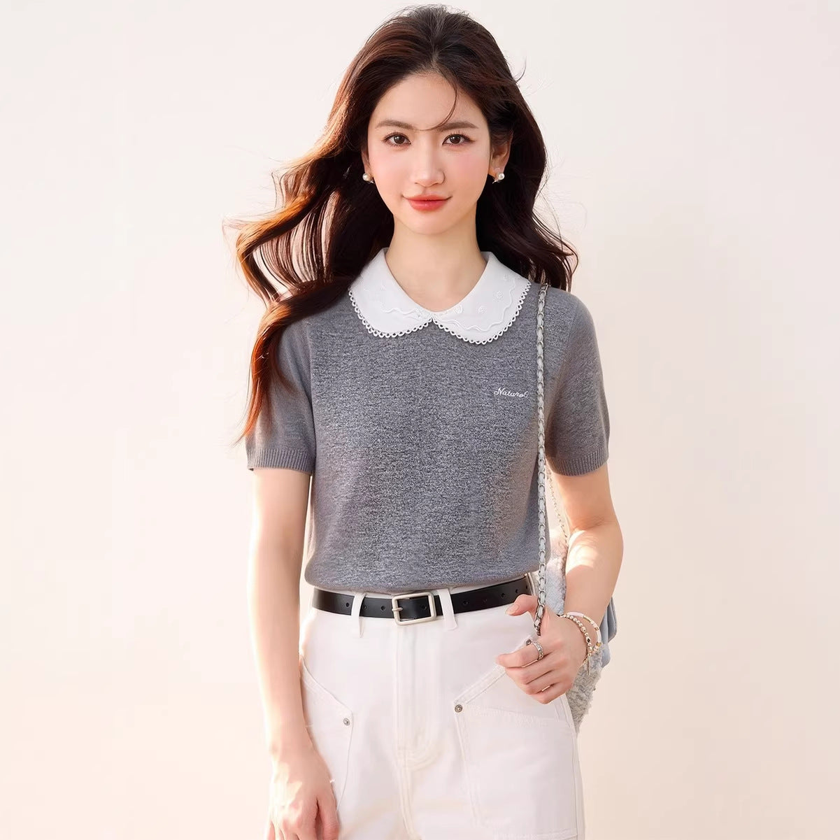 Cute and Sweet Style Peter Pan Collar Short-sleeve Knit Top for Women