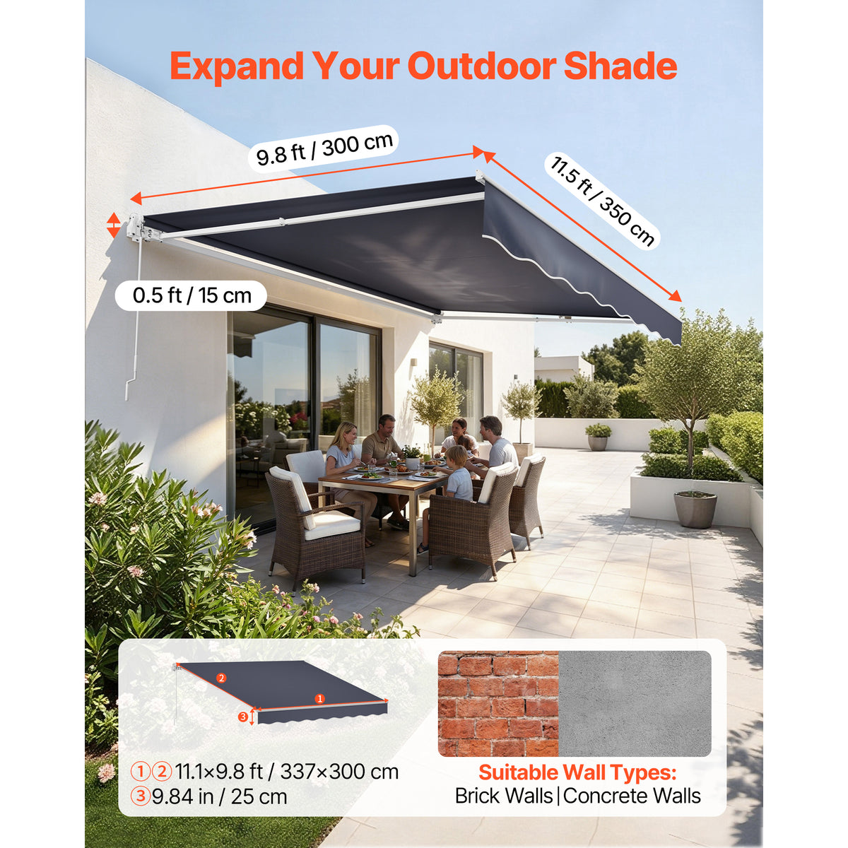 Manual Retractable Patio Awning 11.5' x 9.8', Water-Resistant, Gray - image 2