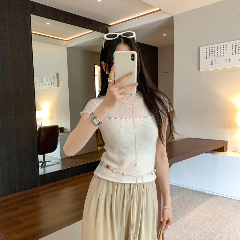 Yellow patchwork regular shoulder short-sleeved wool knitted shirt
