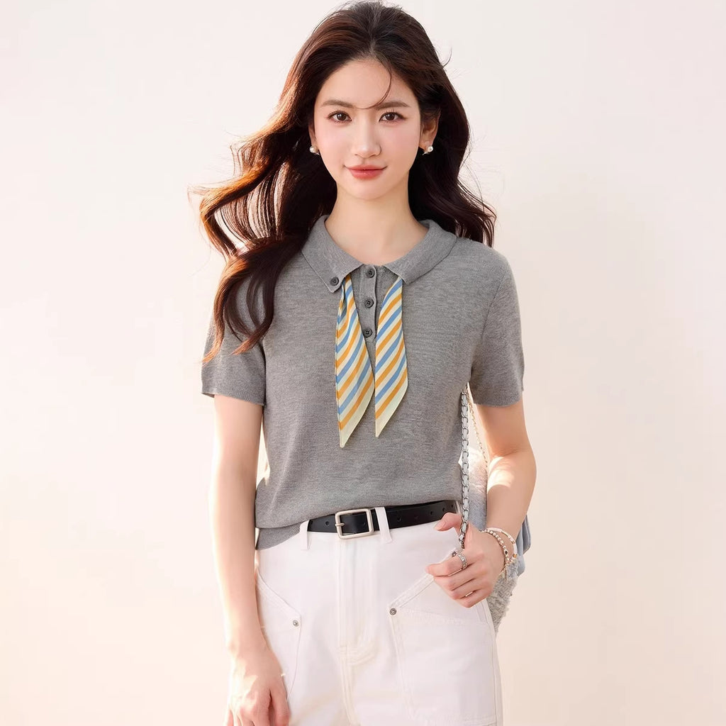 Chic Knit Sleeveless Polo Neck T-Shirt with Scarf for Women, Summer Casual Loose Fit Top, Small Chic Style