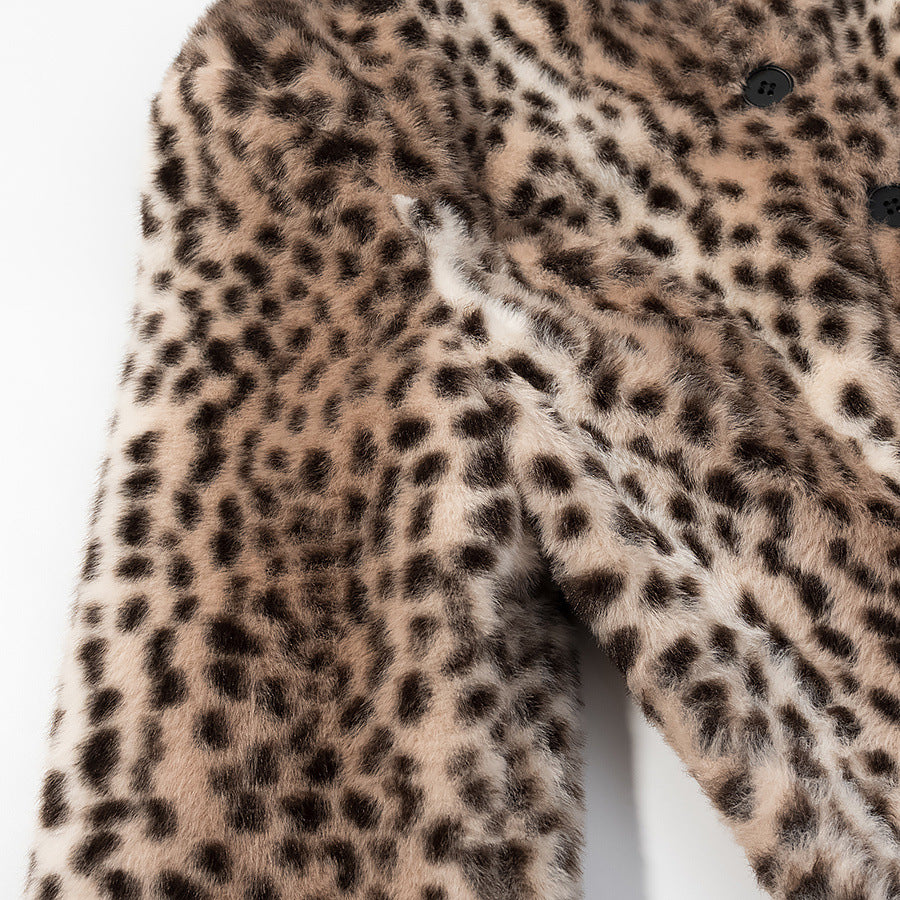 Street style faux fur plush round neck leopard print jacket
