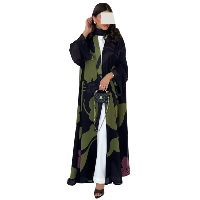 Chiffon Printed Maxi Dress with Headscarf Two-Piece Set
