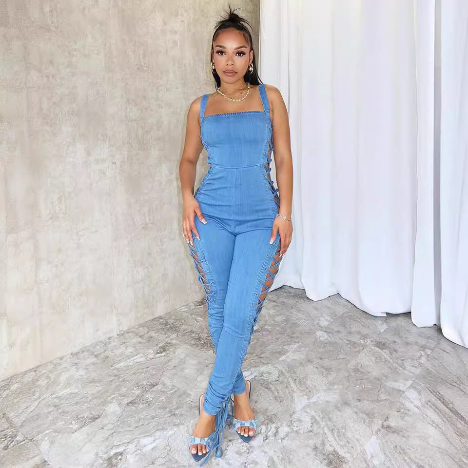 Fashionable Women's Belted Jumpsuit with Side Drawstring Denim Overalls