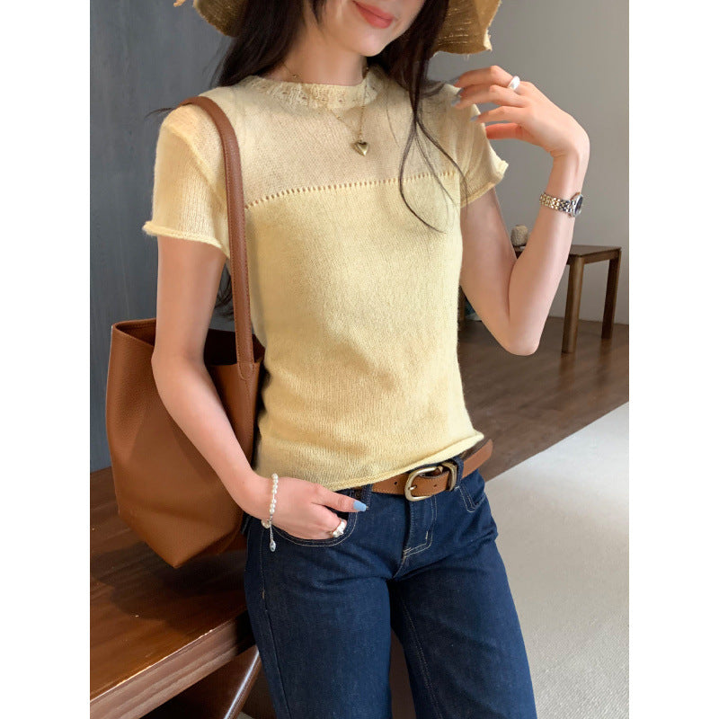 Yellow patchwork regular shoulder short-sleeved wool knitted shirt