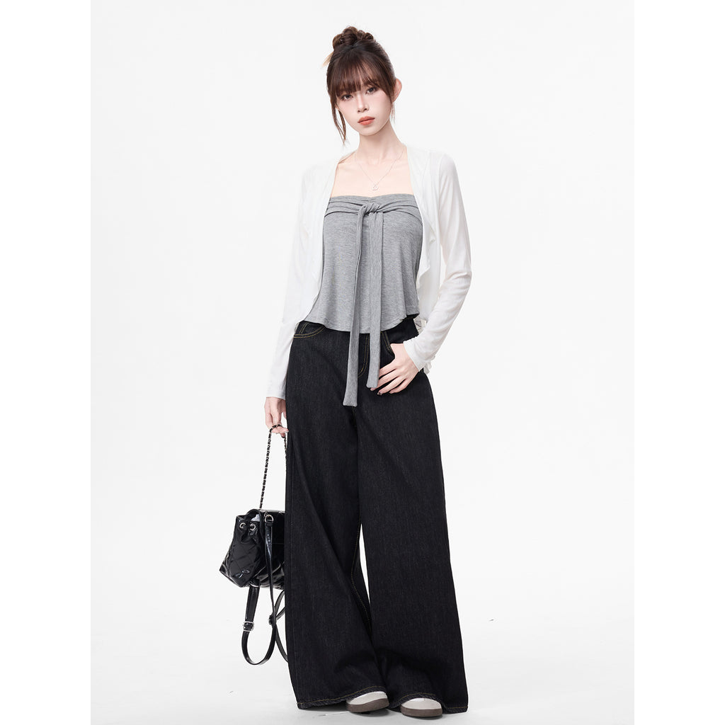 Long Sleeve Cardigan T-Shirt for Women, Gray Strapless Top Two-Piece Set