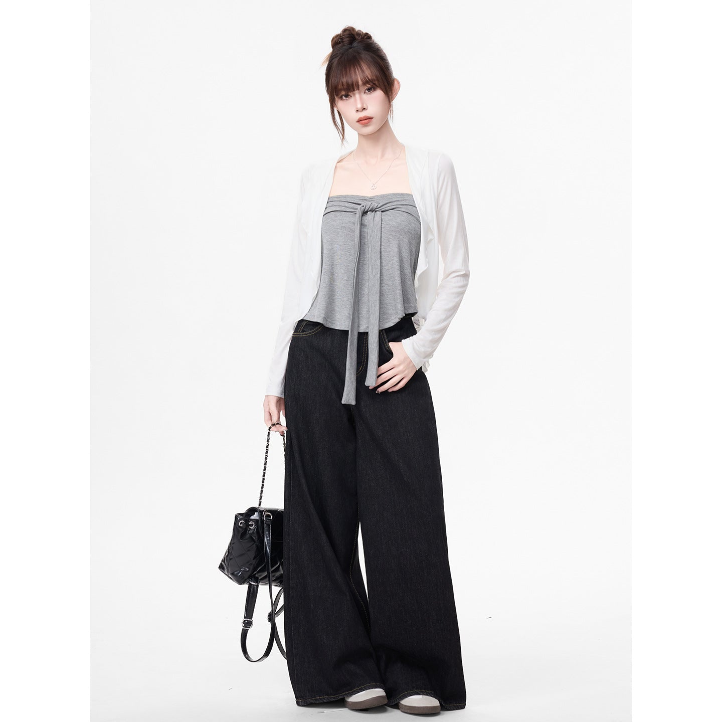 Long Sleeve Cardigan T-Shirt for Women, Gray Strapless Top Two-Piece Set