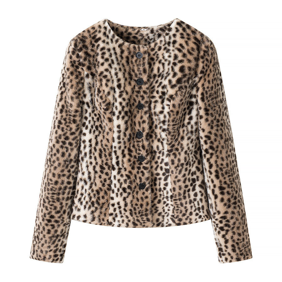 Street style faux fur plush round neck leopard print jacket