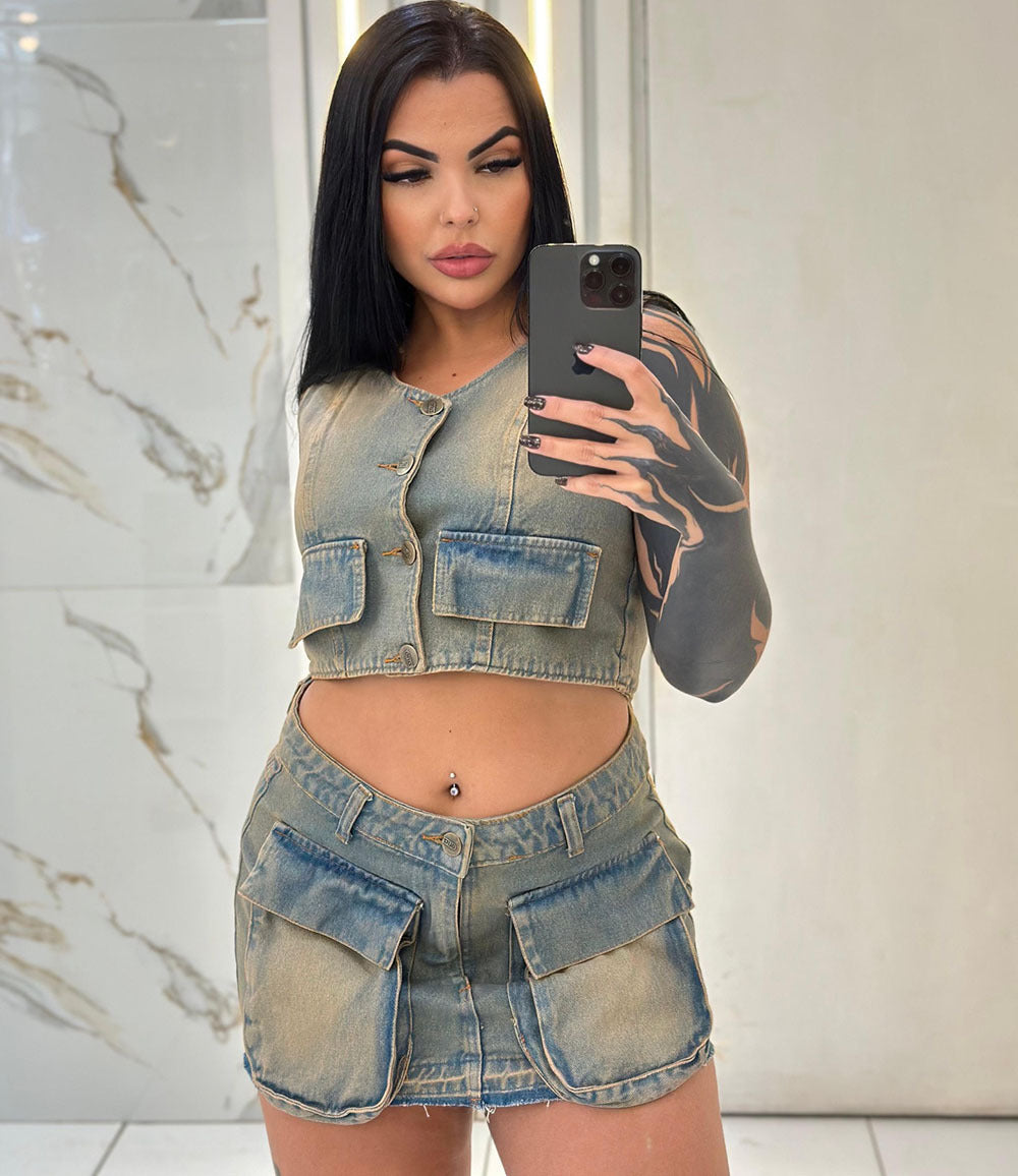 Women's Denim Dress Set, Short Sleeveless Vest with Raw Hem Pockets and Mini Skirt