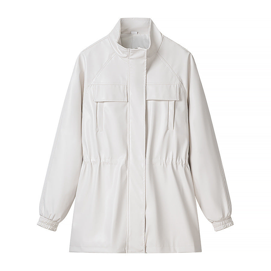 Stand collar drawstring waist cinching leather jacket