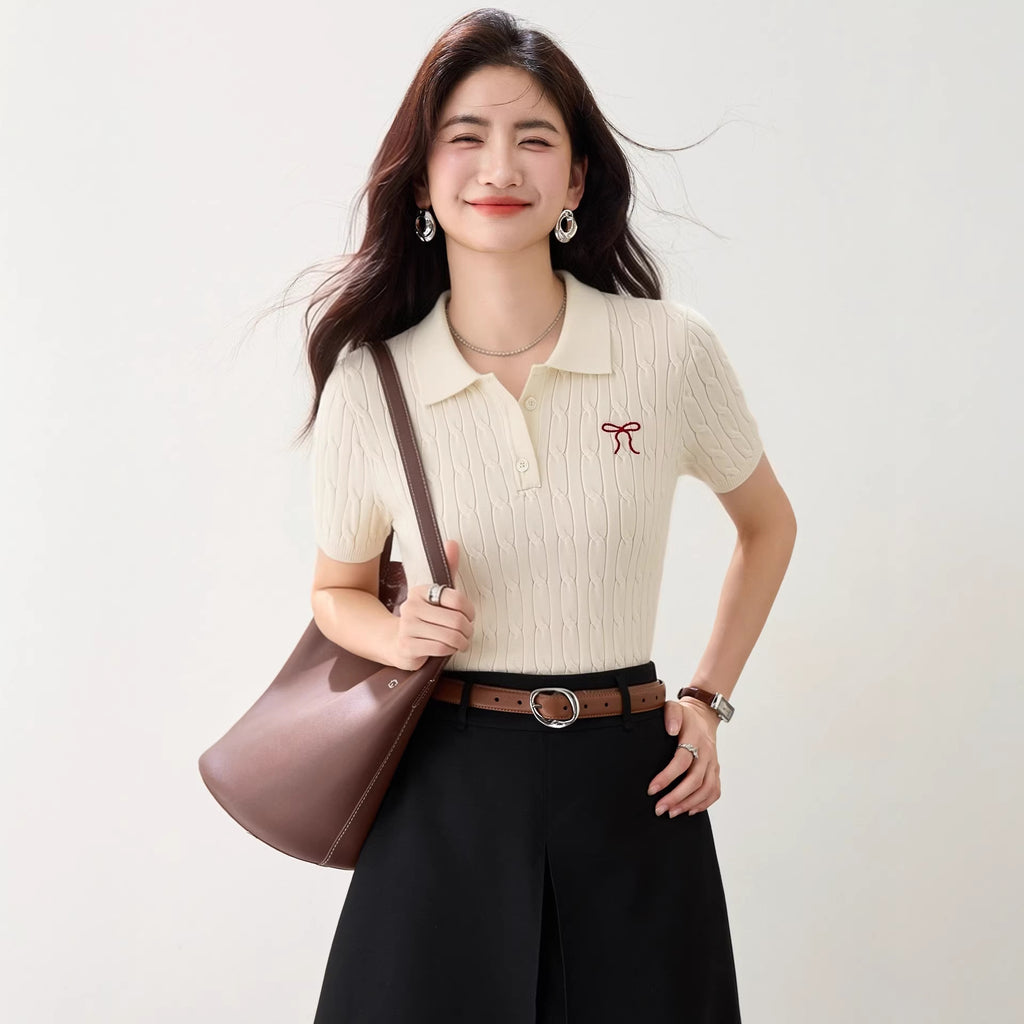 Polo Collar Knitted Short Sleeve Women's Summer Butterfly Knot Embroidery Design T-Shirt Top