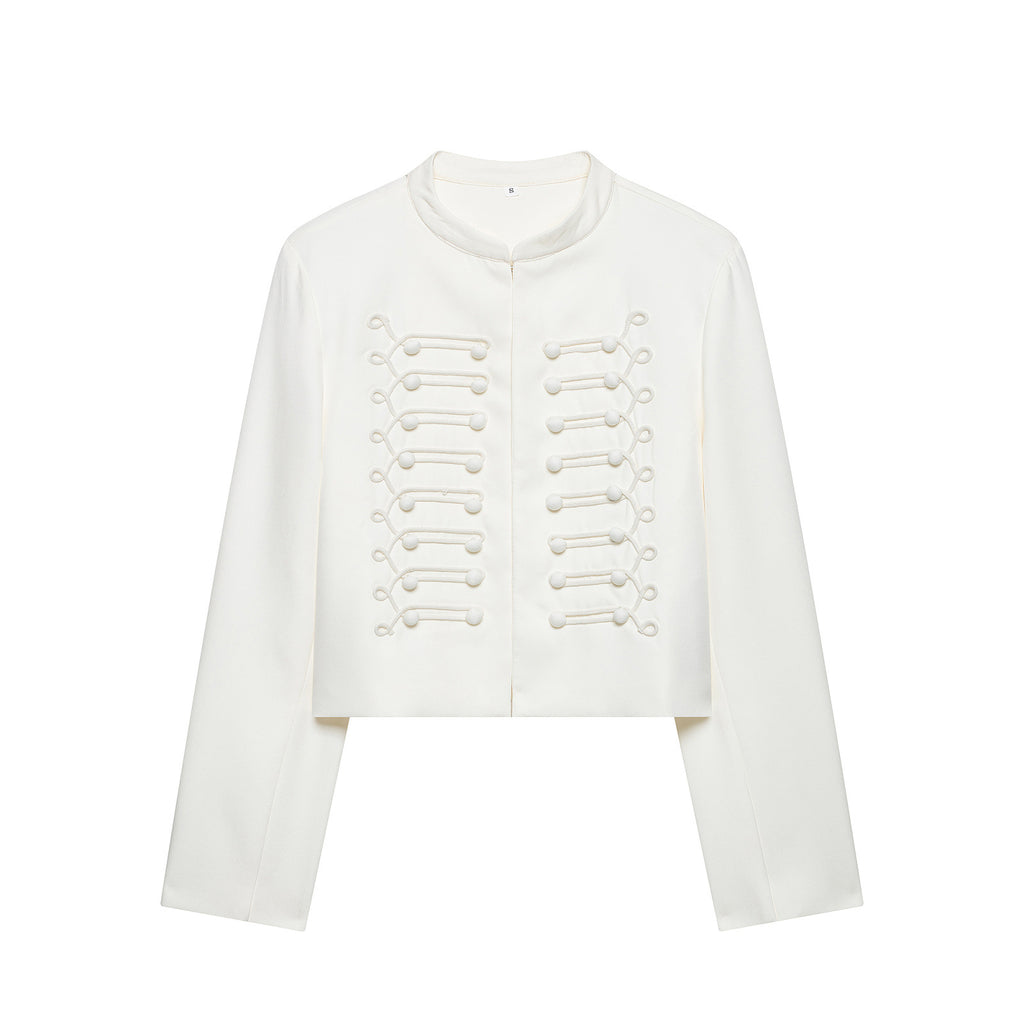 Stand up collar with shoulder pads long sleeved short jacket