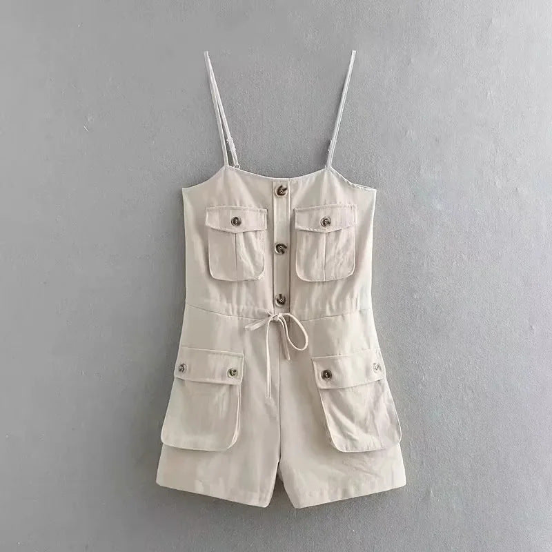 Hot girl three-dimensional pocket one-piece wide leg shorts