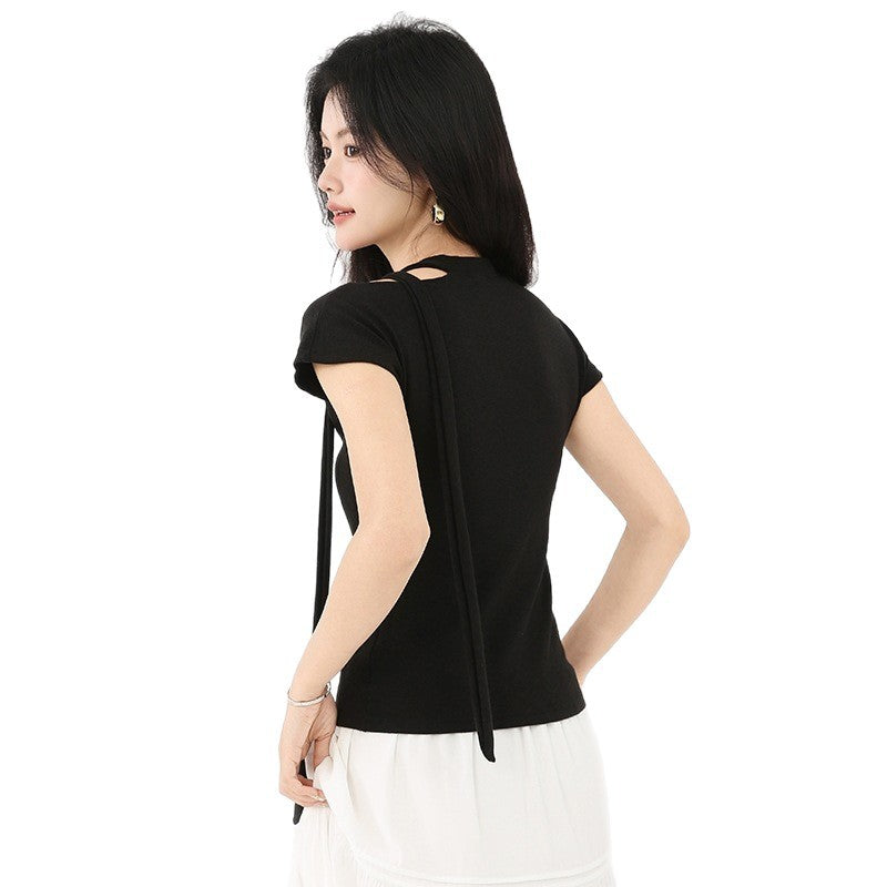Chic Ribbon Off-Shoulder Short Sleeve T-Shirt for WomenNew Style, Elegant Slim-Fit Unique Top