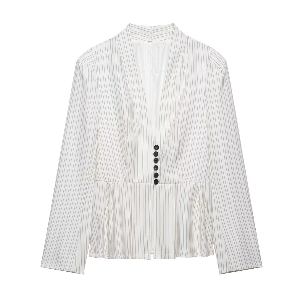Shoulder padded long sleeved striped short skirt hem suit jacket