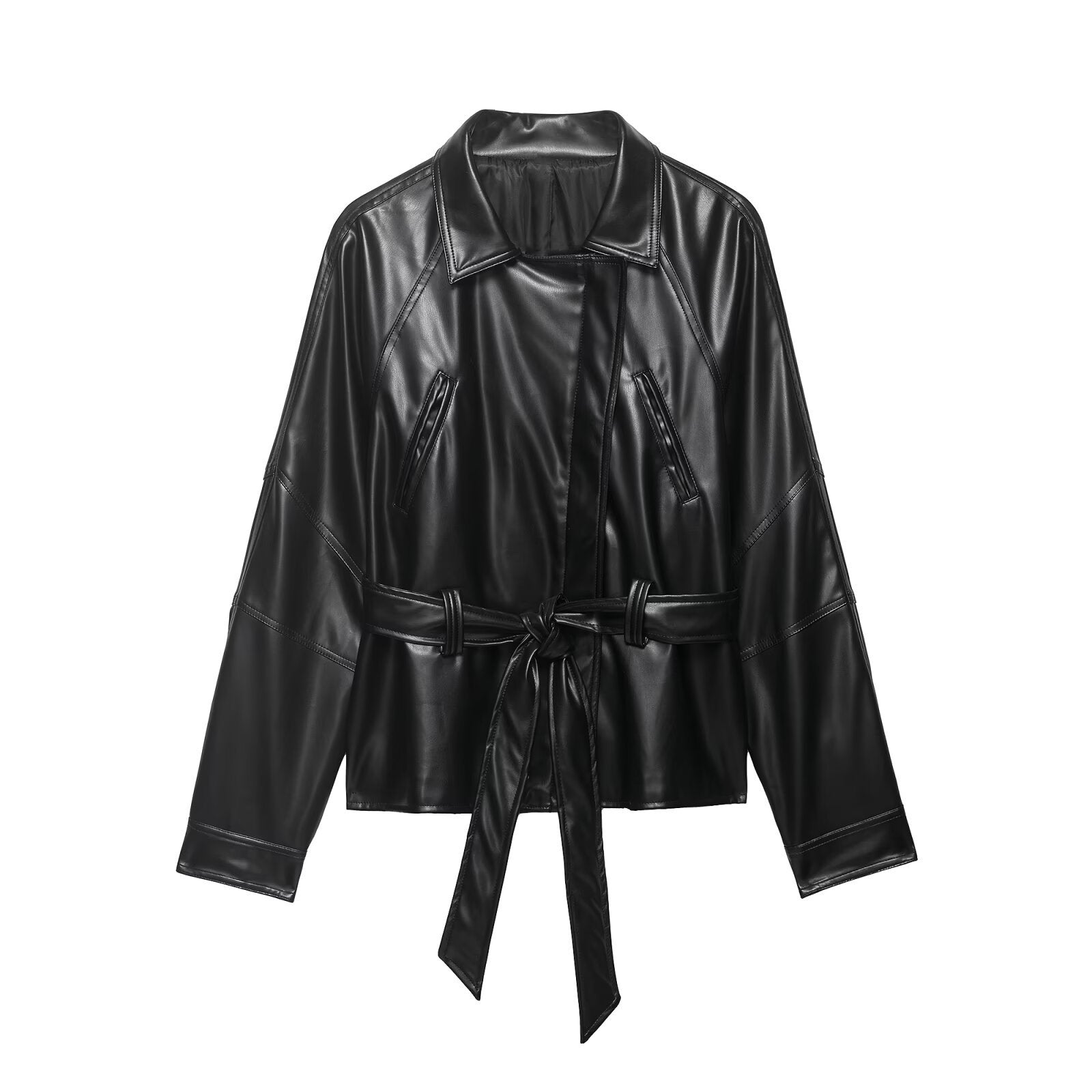 Belt short PU leather stand up collar jacket top