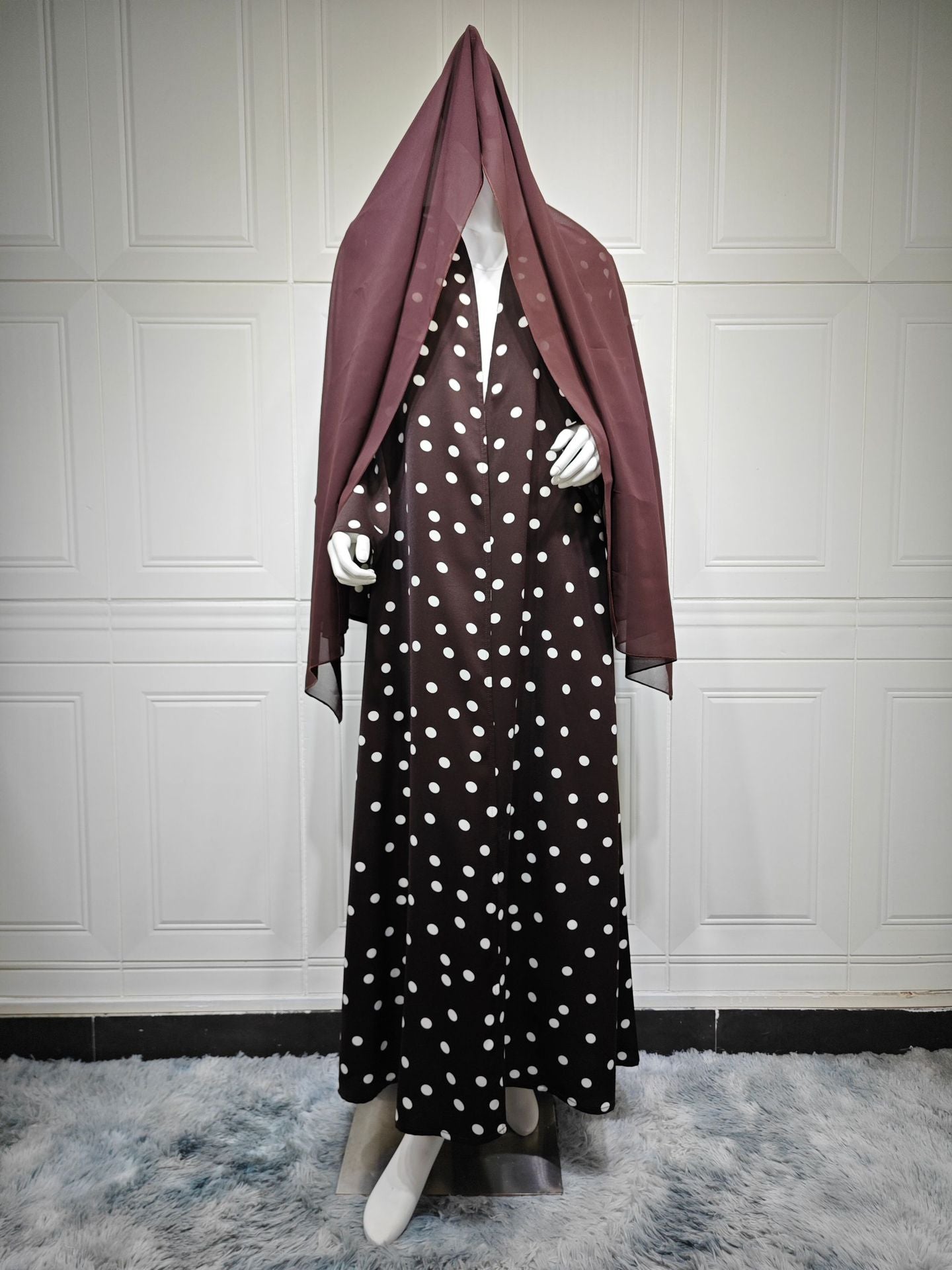 Long Coat with Polka Dot Print Open Front Dress with Scarf Plus Size