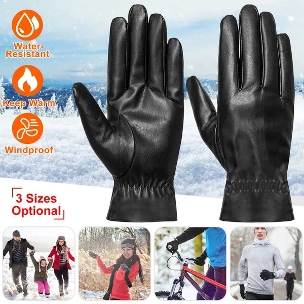 Warm black PU leather gloves for cycling and skiing