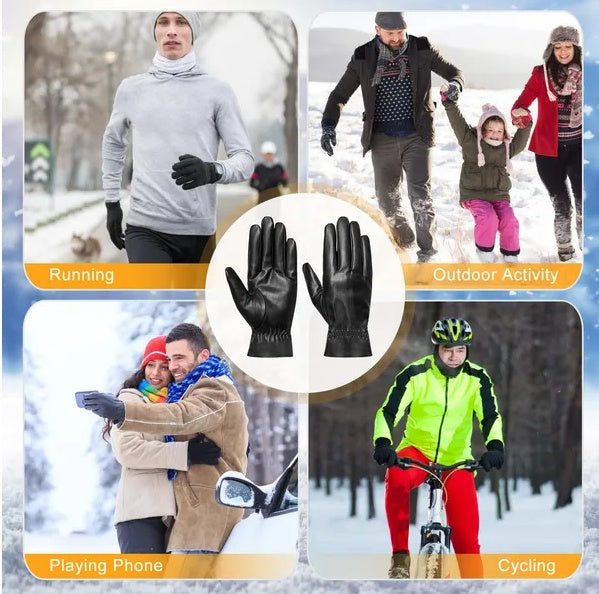 Unisex black PU leather winter gloves with warm napped lining