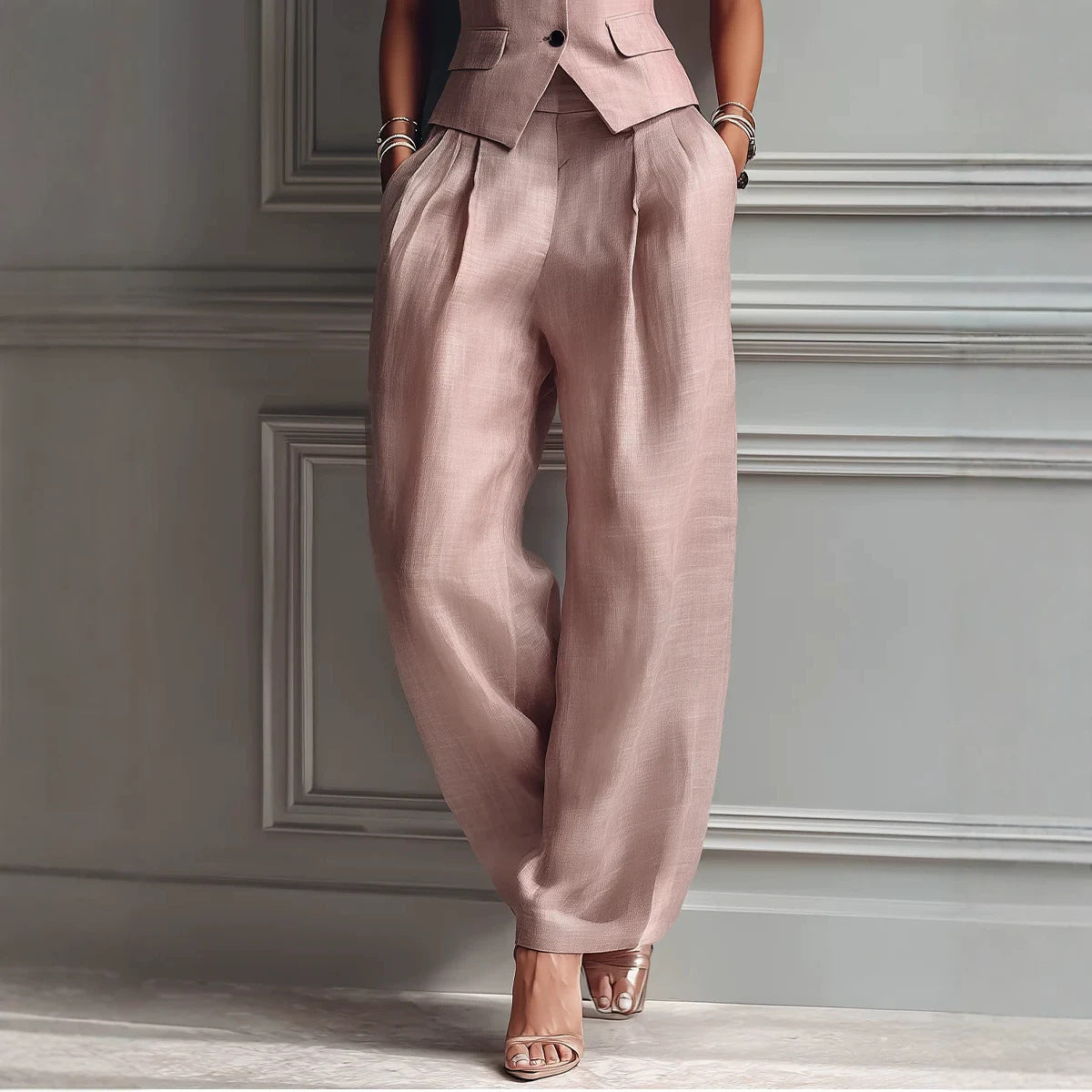 Flip collar single breasted vest long pants two-piece set