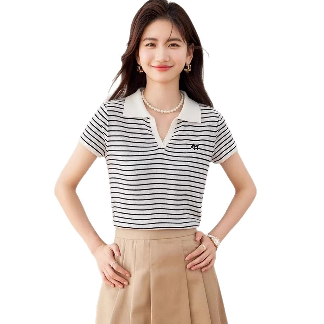 Elegant Turn-Down Collar Short Sleeve T-Shirt for Women Plus Size Polo Neck Versatile Casual Top, Slimming Fit