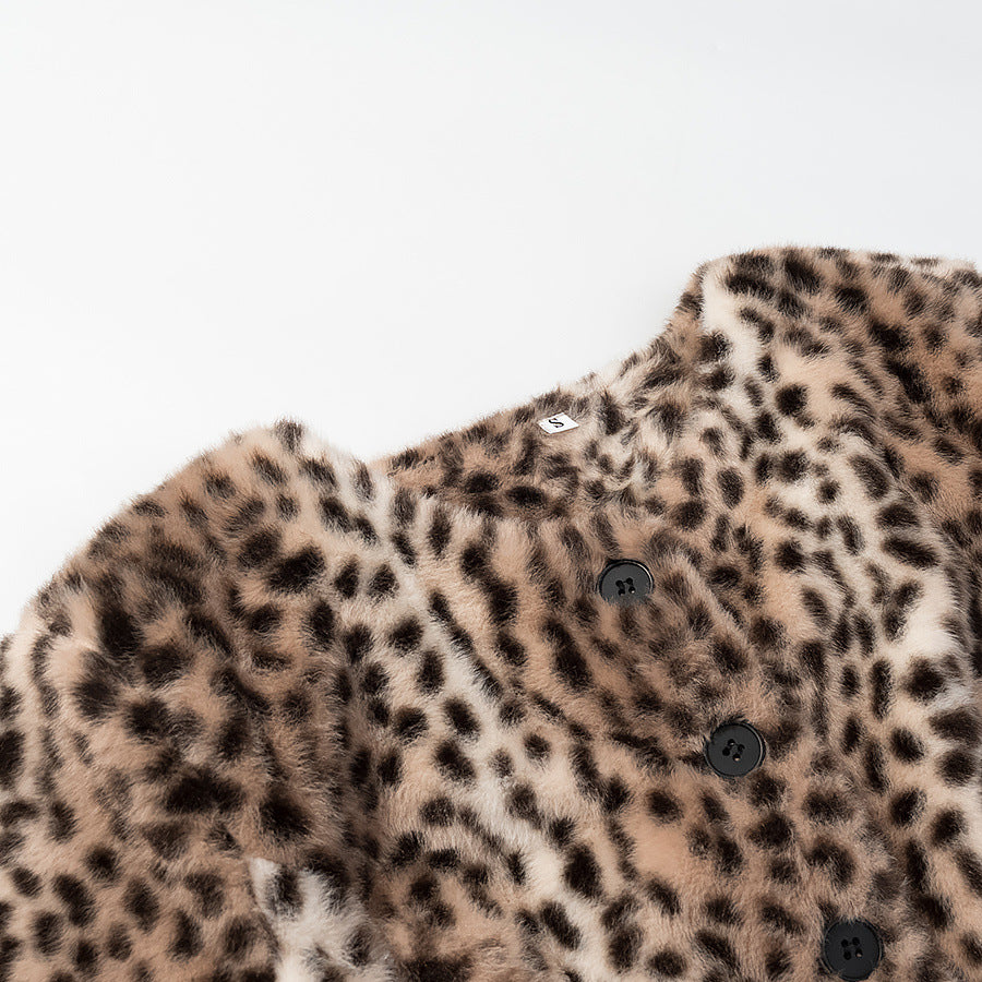 Street style faux fur plush round neck leopard print jacket