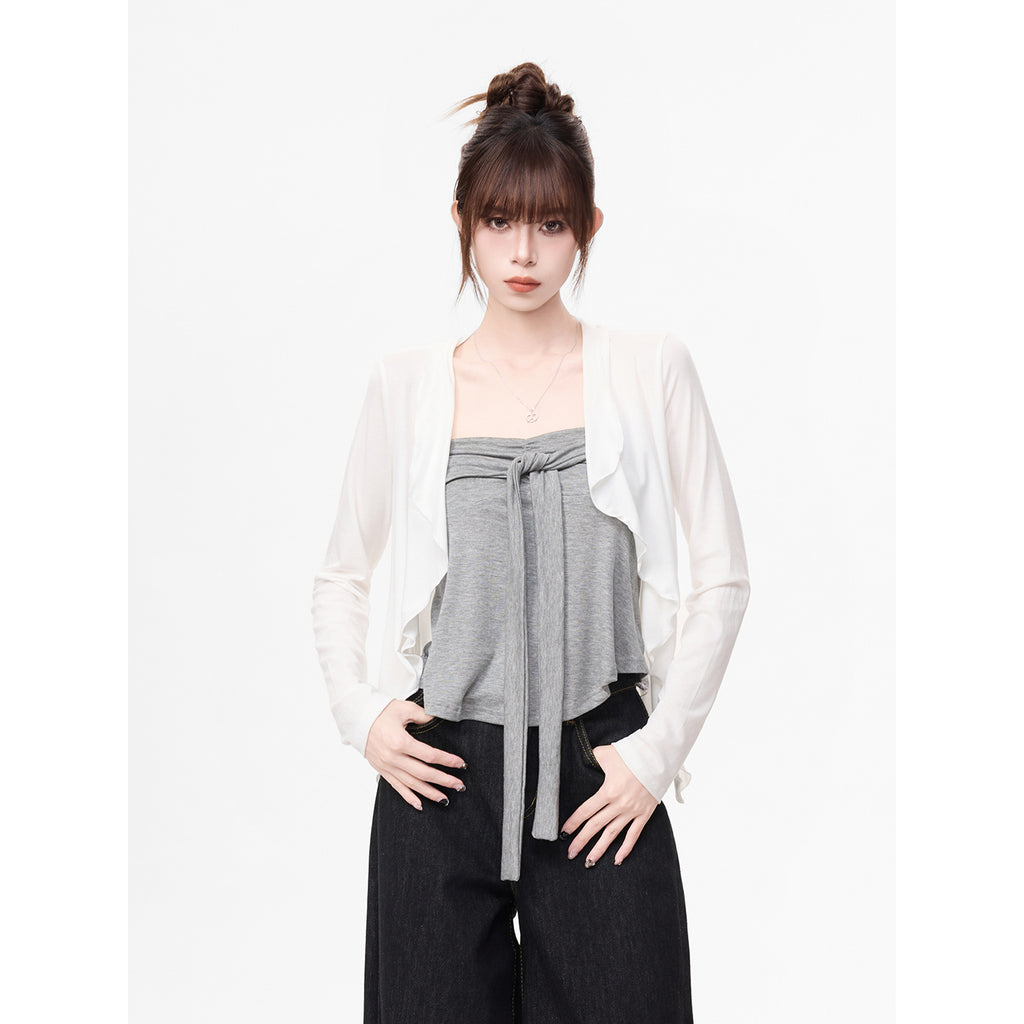 Long Sleeve Cardigan T-Shirt for Women, Gray Strapless Top Two-Piece Set