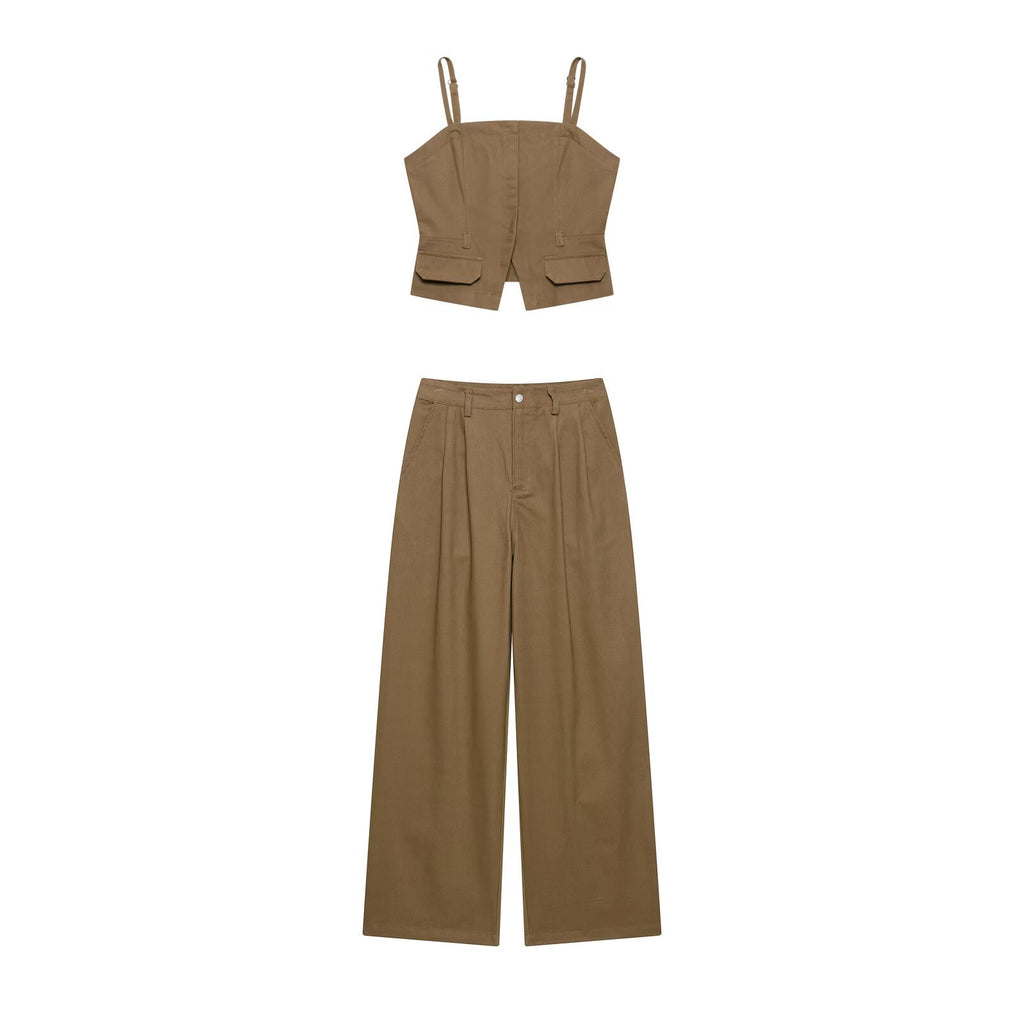 Cowboy camisole top+mid waist denim wide leg pleated pants set