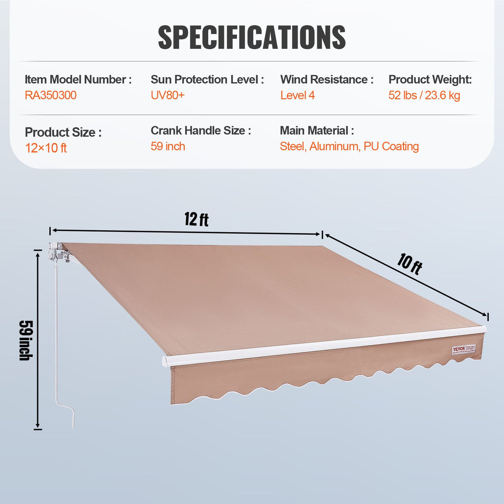 Manual Retractable Patio Awning 12 x 10 ft, Water-Resistant - image 6